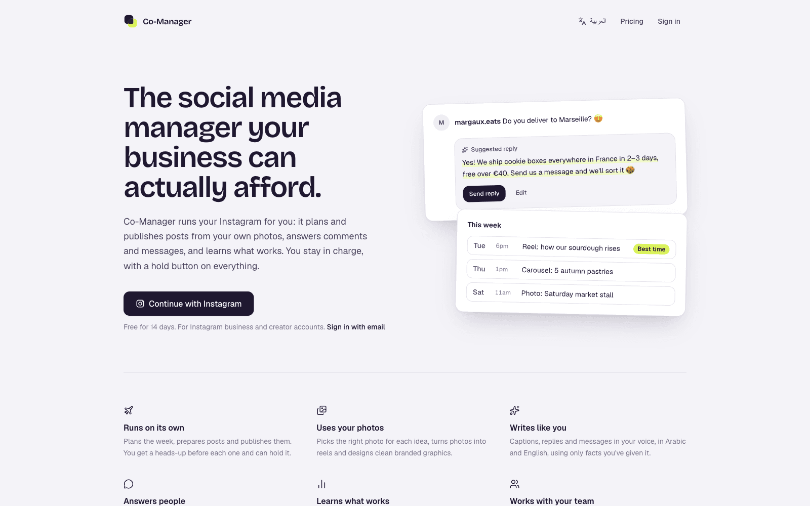 Co-Manager landing page showing an AI-suggested reply to an Instagram comment and a weekly content plan with best-time posting slots