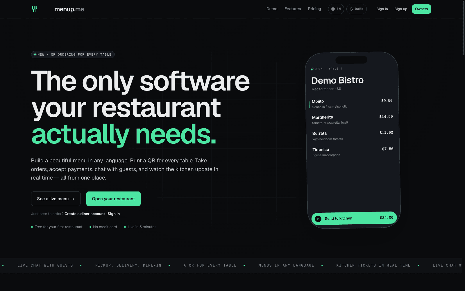 menup.me hero showing the headline 'The only software your restaurant actually needs' and a phone mockup of a live menu