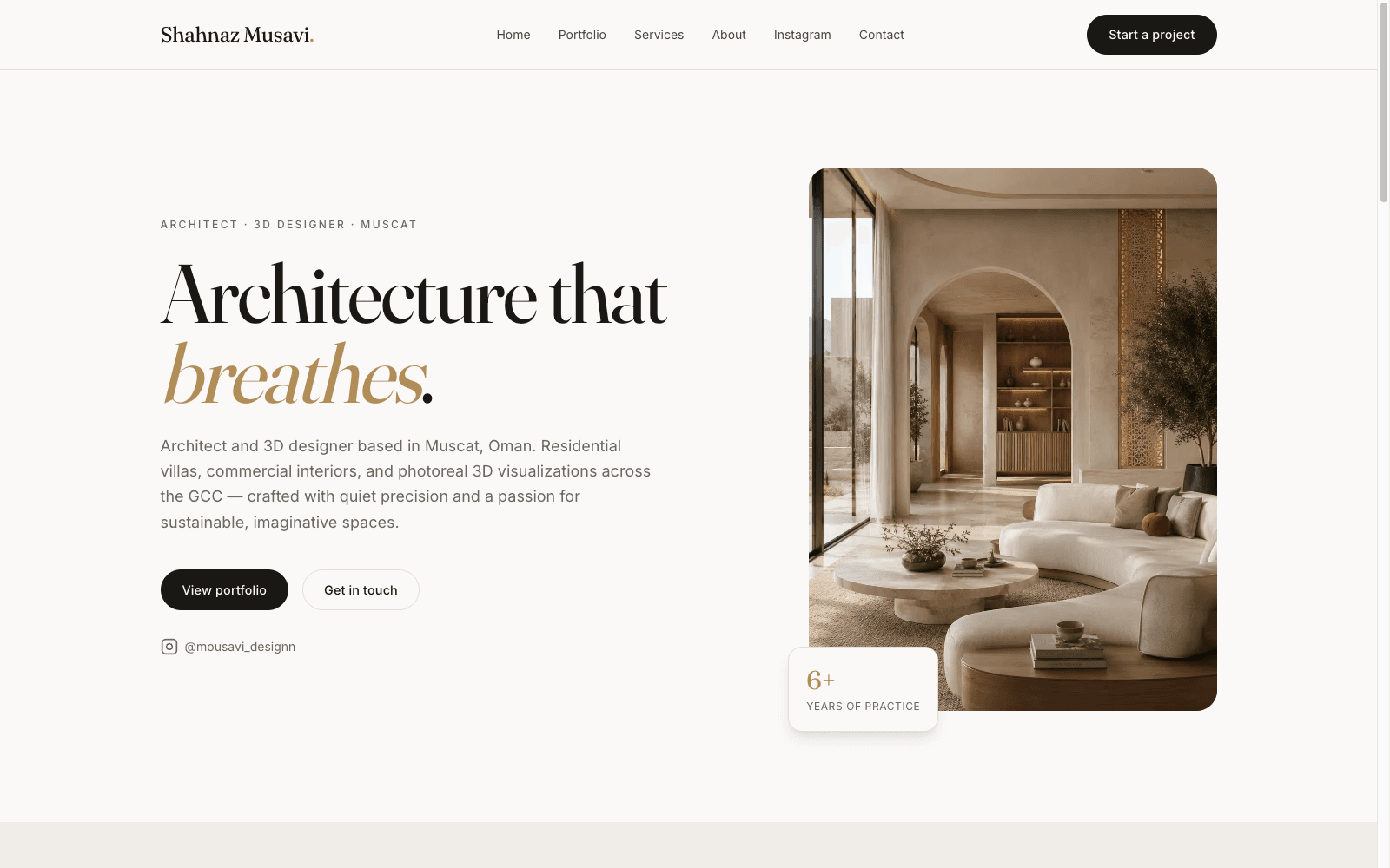 Shahnaz Musavi portfolio homepage with the headline 'Architecture that breathes' and a warm interior render
