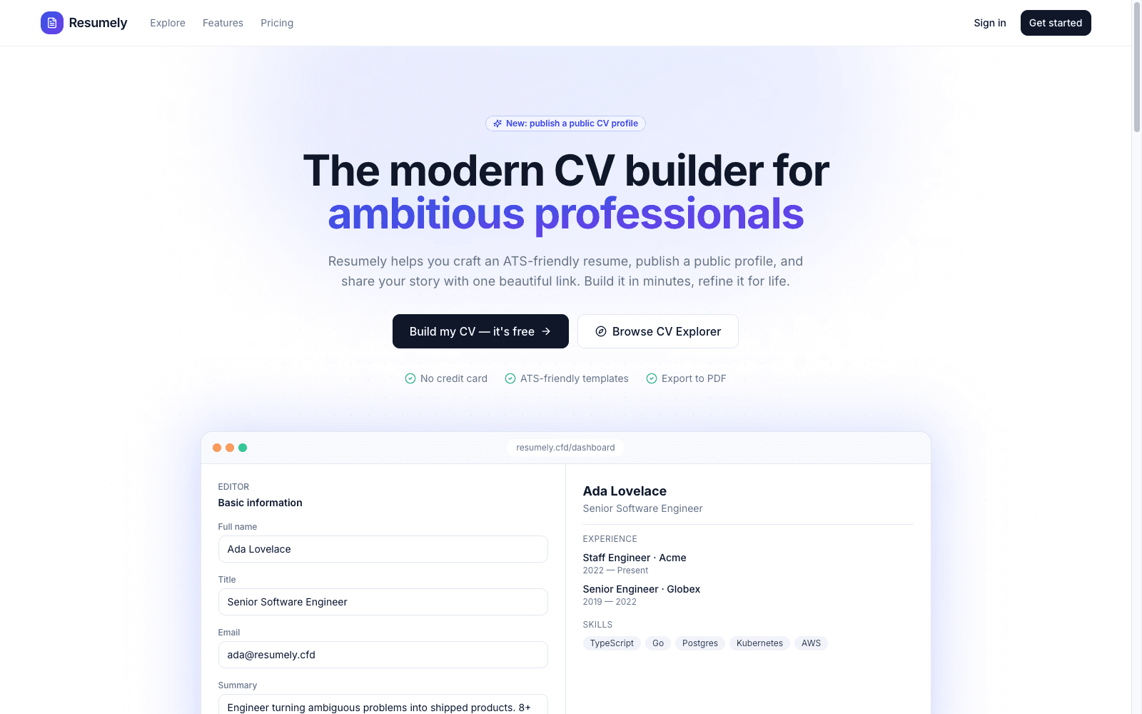Resumely landing page showing the hero headline and a live CV editor preview